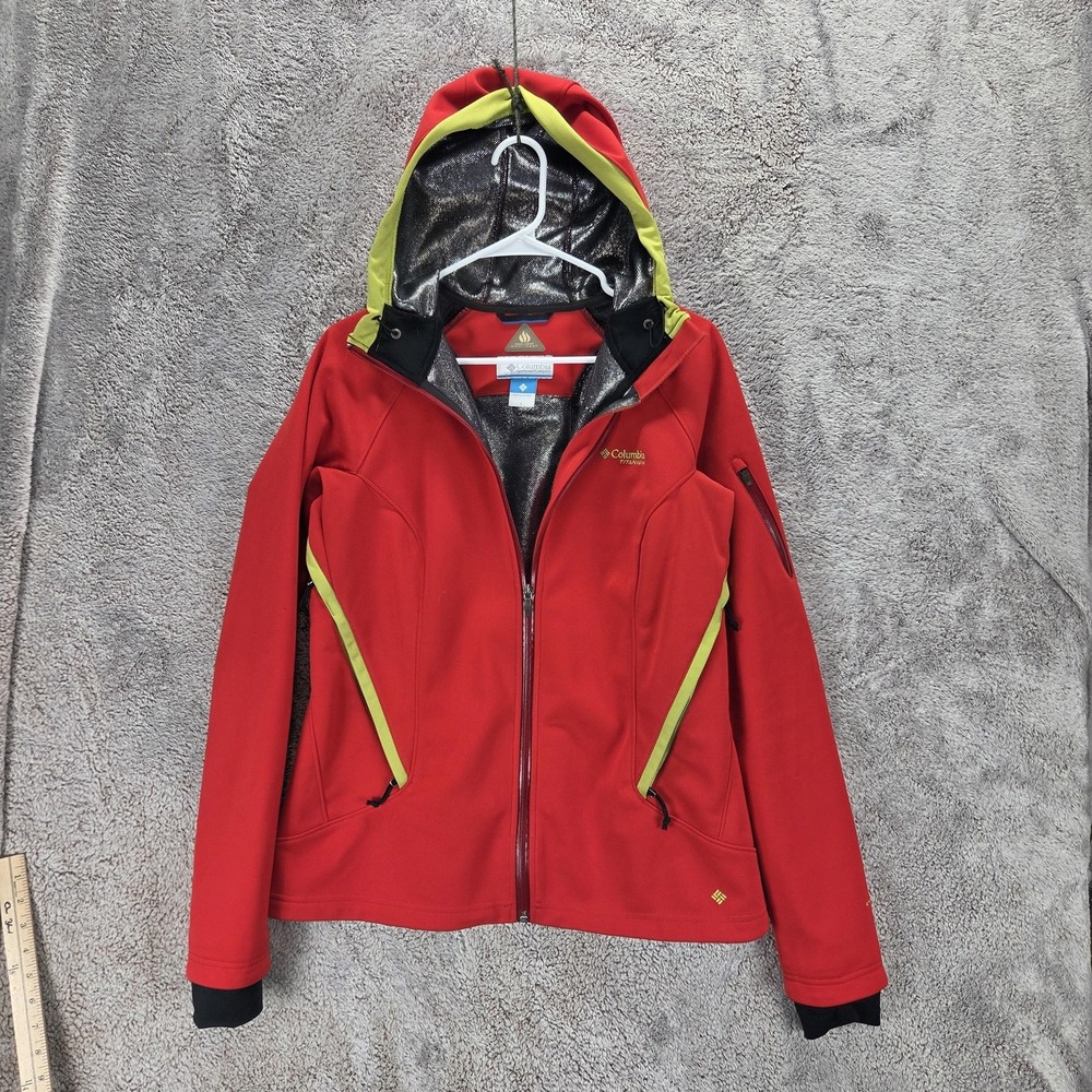 Columbia Jacket Womens Large Red Titanium Omni-Heat Hooded Softshell Full Zip